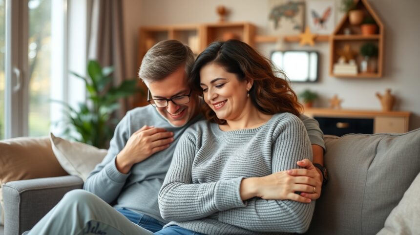 Egy pár, aki támogató módon beszélget a kanapén, depresszióval kapcsolatos témáról.