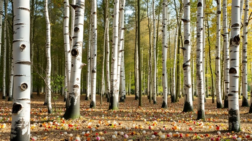 Nyírfák erdeje és leveles talaj, természetes környezet.