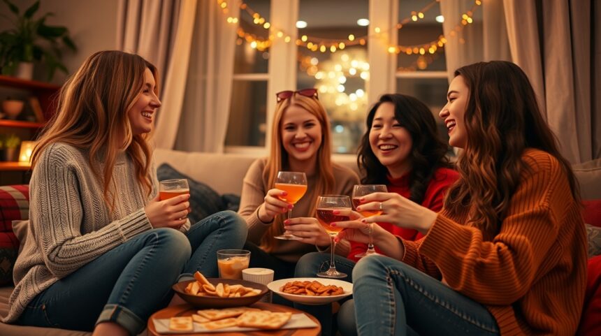 Négy barát ünnepli a lányok estéjét egy otthoni partin.