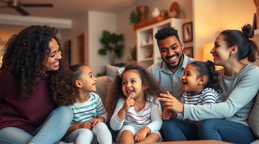 Családi pillanat újraházasodó szülőkkel és gyermekekkel.