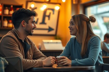 Fiatal pár beszélget egy kávézóban, barátságos légkörben.