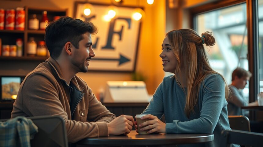 Fiatal pár beszélget egy kávézóban, barátságos légkörben.