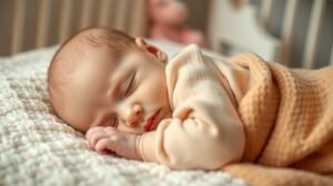 womensway 136 Csecsemő békésen alszik szöveten, körülötte nyugodt környezet.