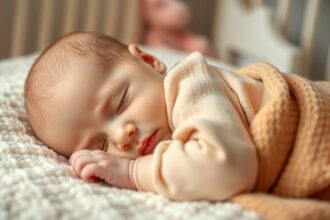 Csecsemő békésen alszik szöveten, körülötte nyugodt környezet.