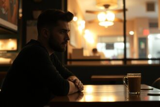 Férfi ül egy kávézóban, a gondolatai mélyén, online randi előtt.