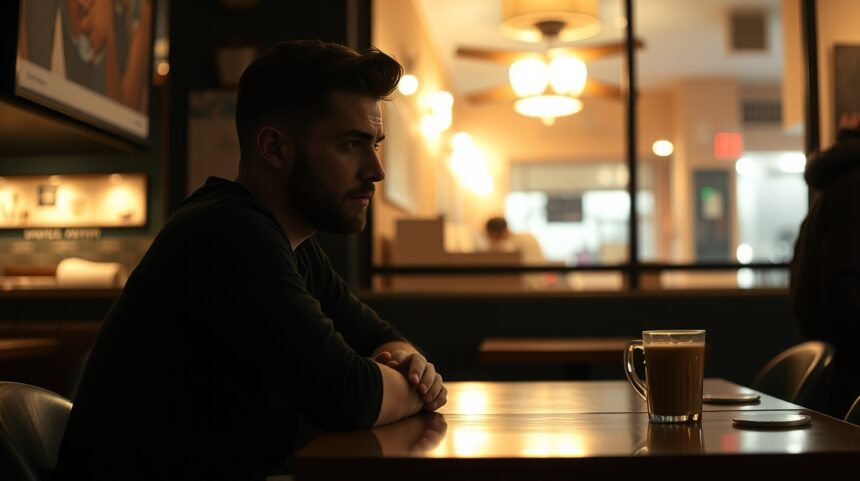 Férfi ül egy kávézóban, a gondolatai mélyén, online randi előtt.