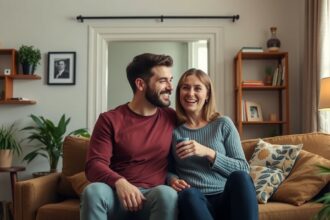 Pár fiatal együtt ül a kanapén, mosolyogva beszélgetnek.