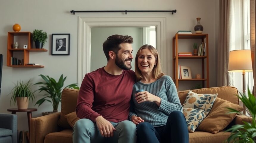 Pár fiatal együtt ül a kanapén, mosolyogva beszélgetnek.