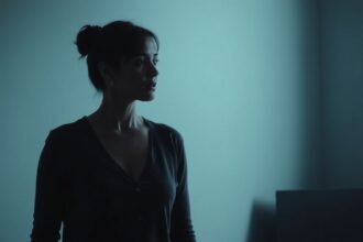 Nő egy sötét szobában, akinek arca a fényben látszik.