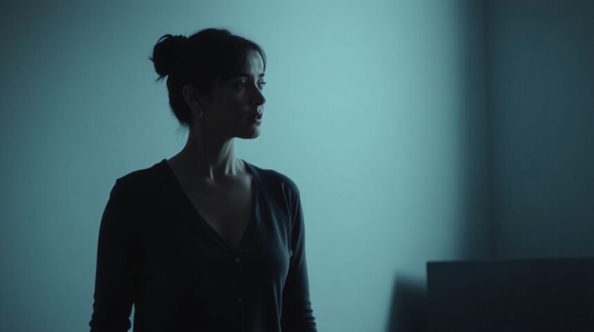 Nő egy sötét szobában, akinek arca a fényben látszik.