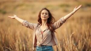 Nő, aki szabadon kiterjeszti karjait egy mezőn.