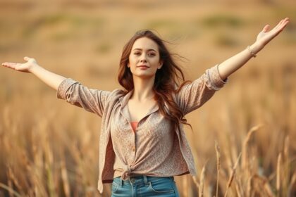 Nő, aki szabadon kiterjeszti karjait egy mezőn.