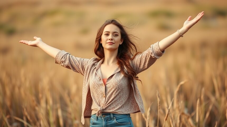 Nő, aki szabadon kiterjeszti karjait egy mezőn.