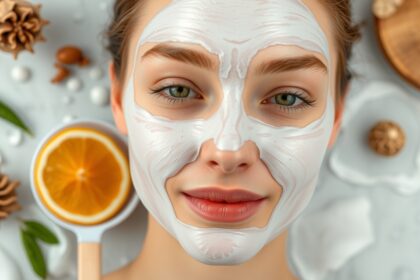 Mélytisztító arcpakolás fehér maszkban, citrus gyümölcsökkel.