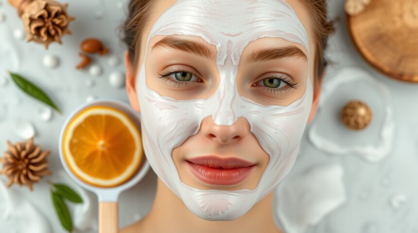 Mélytisztító arcpakolás fehér maszkban, citrus gyümölcsökkel.