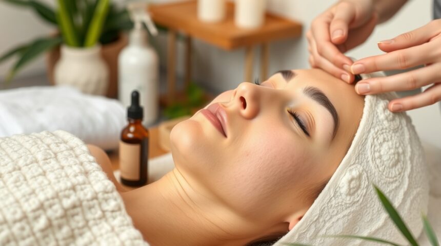 Nő bőrápolását végzik tea tree olajjal és aloe verával.