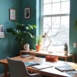 Modern iroda zöld falakkal, növényekkel és világos bútorokkal.