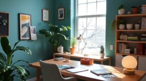 womensway 142 Modern iroda zöld falakkal, növényekkel és világos bútorokkal.