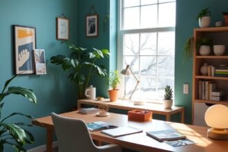 Modern iroda zöld falakkal, növényekkel és világos bútorokkal.