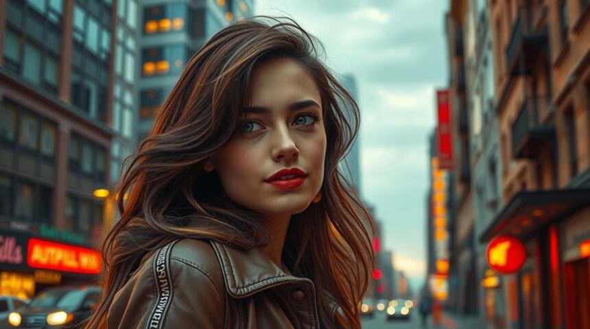 Harmincas nő városi környezetben, haját hordja szabadon