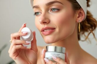 Hölgy bőrápolási termékekkel a kezében arcápoláshoz