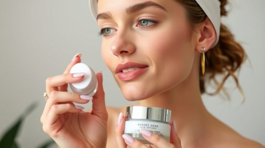 Hölgy bőrápolási termékekkel a kezében arcápoláshoz