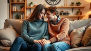 womensway 139 Fiatal pár együtt a kanapén, szeretetteljes pillantásokkal.