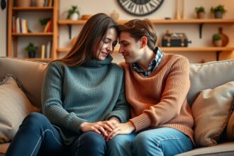 Fiatal pár együtt a kanapén, szeretetteljes pillantásokkal.