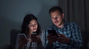 Fiatal pár digitális kommunikáció közben, feszülten a telefonját nézve.