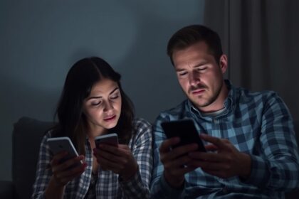 Fiatal pár digitális kommunikáció közben, feszülten a telefonját nézve.