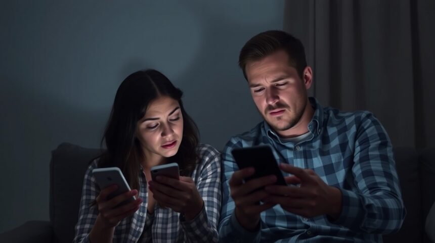 Fiatal pár digitális kommunikáció közben, feszülten a telefonját nézve.