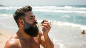 Férfi szakáll ápolása tengerparton olajjal