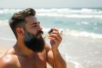 Férfi szakáll ápolása tengerparton olajjal