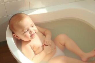 Baba fürdetése biztonságosan a kádba ülve.