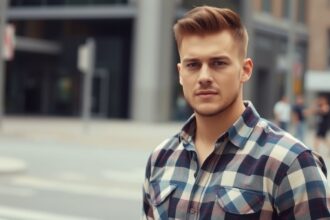 Egy fiatal férfi kockás ingben, hétköznapi divatos megjelenésben.