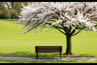 Virágzó fa és üres pad egy zöld réten, természetes háttérrel.