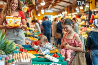 Kismamák és gyermekek vásárolnak gyümölcsöket és zöldségeket egy piacon.