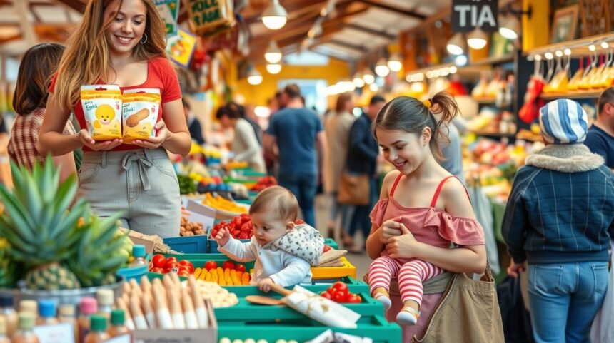 Kismamák és gyermekek vásárolnak gyümölcsöket és zöldségeket egy piacon.