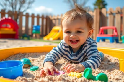 Baba játszik a homokozóban színes játékokkal