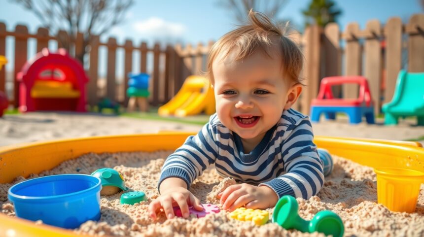 Baba játszik a homokozóban színes játékokkal