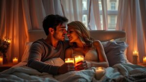 Két ember romantikázik gyertyafényben az ágyban