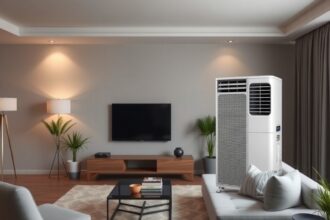 Modern lakás klímabarát berendezésekkel és növényekkel.