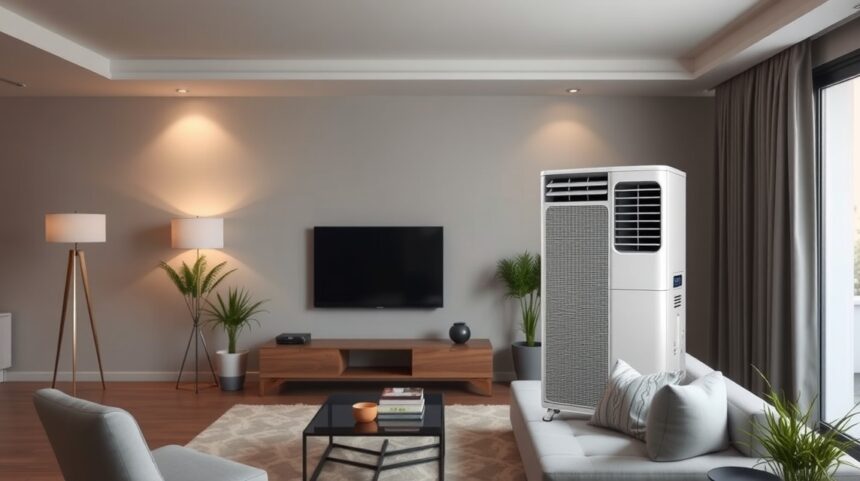 Modern lakás klímabarát berendezésekkel és növényekkel.