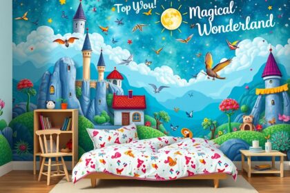 Színes falmatrica a gyerekszobában, mesebeli tájjal és varázslatos elemekkel.