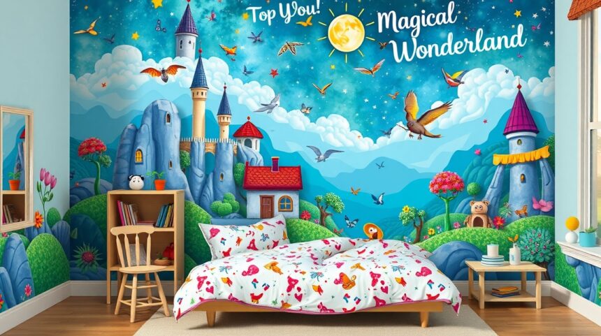 Színes falmatrica a gyerekszobában, mesebeli tájjal és varázslatos elemekkel.