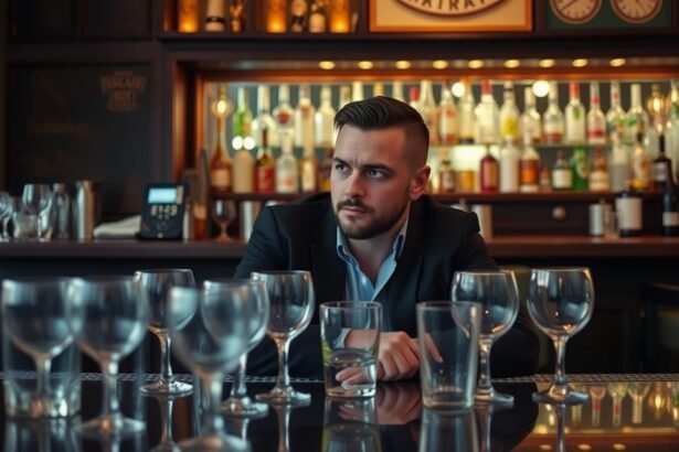 Egy férfi az üres poharak előtt gondolkodik egy bárban.