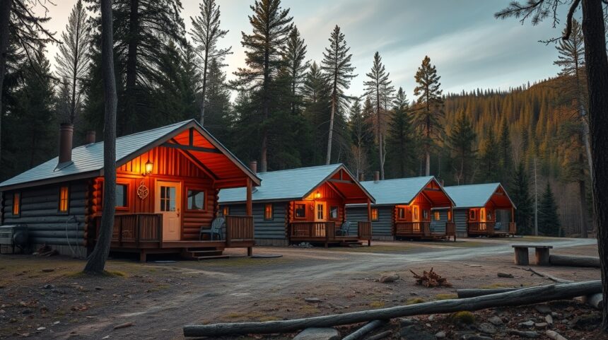 Tematikus kempingházikók a természetben, modern kényelmet kínálva.