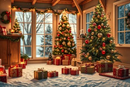 Karácsonyi ünnepi dekoráció fenyőfákkal és ajándékokkal.