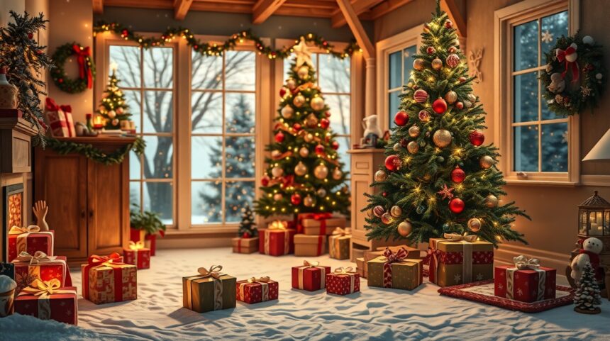 Karácsonyi ünnepi dekoráció fenyőfákkal és ajándékokkal.