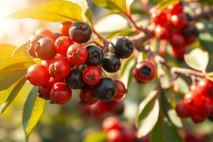 Homoktövis bogyók a fán, zöld levelek között napfényben.